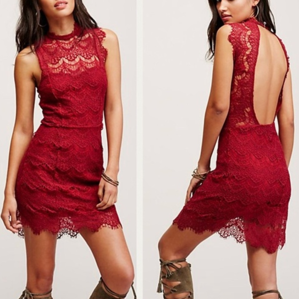 NWT Free People Daydream Lace Dress Cherry Red